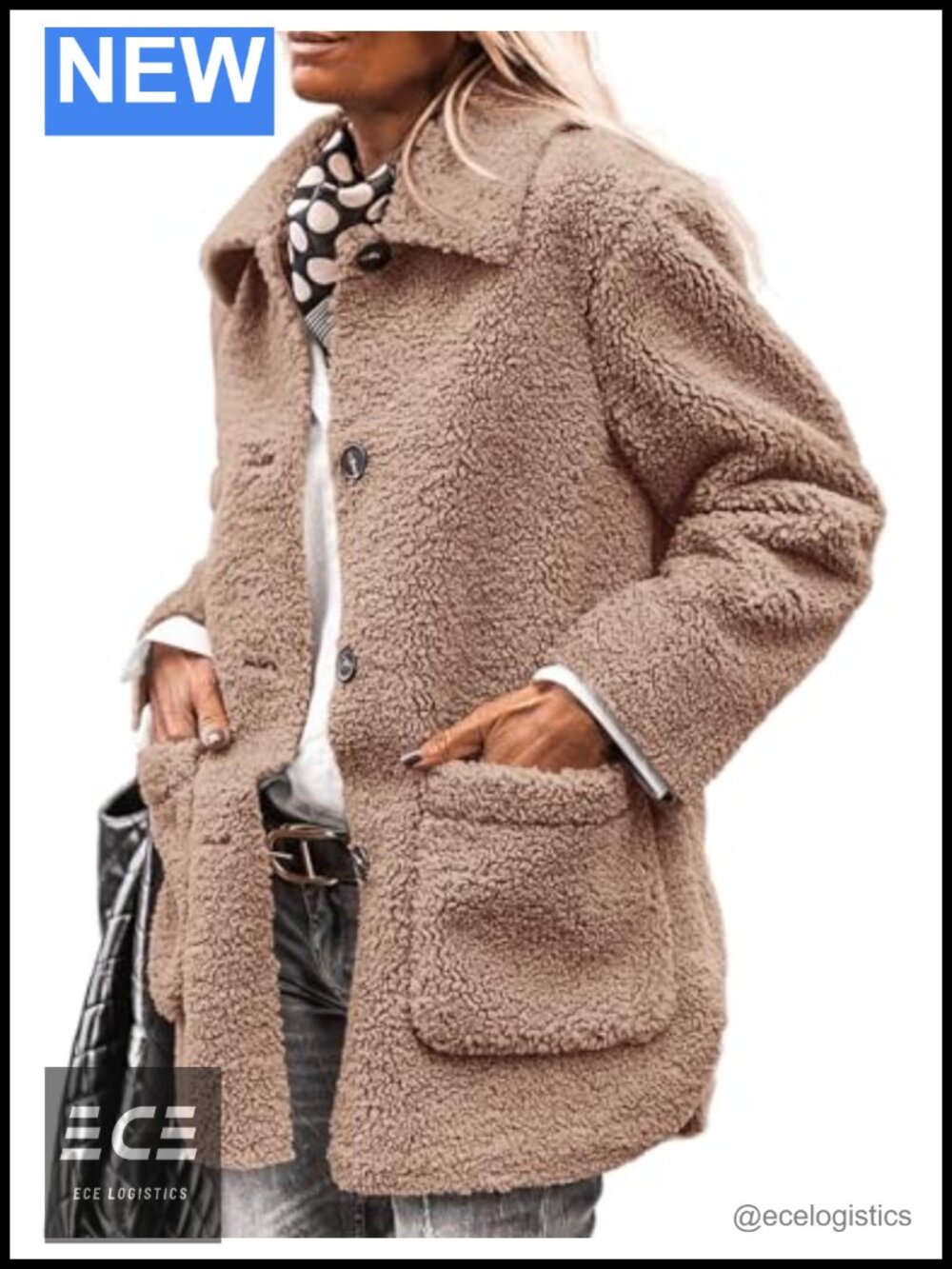 Faux Fur Fleece Sherpa Coat Button Down Lapel Collar Winter Outerwear